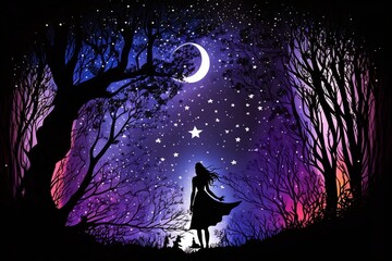 Magical starry night desktop computer background featuring girl silhouette against a whimsical night sky 