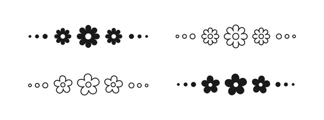 Cute floral page divider doodle illustrations. Simple flower border line art and silhouette collection set.