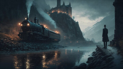 castle and old train in the night