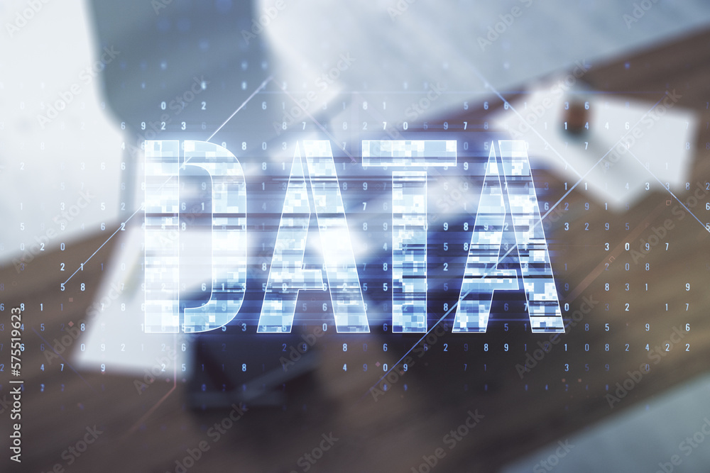 Poster creative data word sign and modern desktop with computer on background. multiexposure