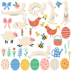 Easter Day Collection Clipart. Colorful Happy Egg, Bunny, Bee, Chicken, Flower. Vector hand drawn cute illustration