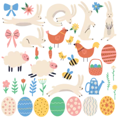 Fotobehang Easter Day Collection Clipart. Colorful Happy Egg, Bunny, Bee, Chicken, Flower. Vector hand drawn cute illustration © Anna Drozdova