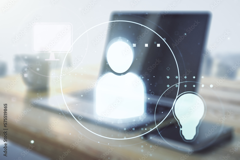 Poster Social network media concept and modern desktop with pc on background. Double exposure