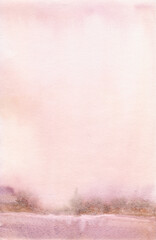 River and forest in a milky pink mist. Watercolor illustration