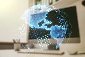 Double exposure of graphic America map and modern desk with computer on background, big data and digital technology concept