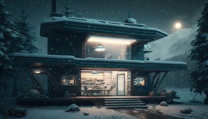 A Futuristic Cabin in the Snowy Night, Futuristic Cabin Concept, Ai, Ai Generated