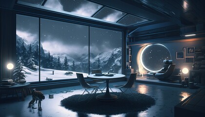 Interior of a Futuristic Cabin on a snowy night, Ai, Ai Generated