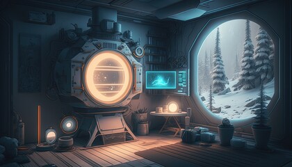 Interior of a Futuristic Cabin on a snowy night, Ai, Ai Generated