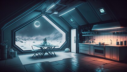 Interior of a Futuristic Cabin on a snowy night, Ai, Ai Generated