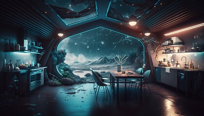 Interior of a Futuristic Cabin on a snowy night, Ai, Ai Generated