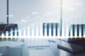 Double exposure of abstract creative financial diagram and modern desk with computer on background, banking and accounting concept