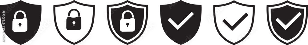 Poster set of security shield icons, security shields logotypes with check mark and padlock. security shiel