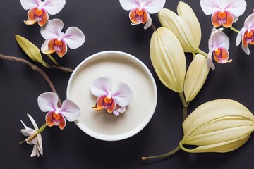 Fototapeta na wymiar dry vanilla beans with vanilla cream and orchid flower on white background. Generative AI