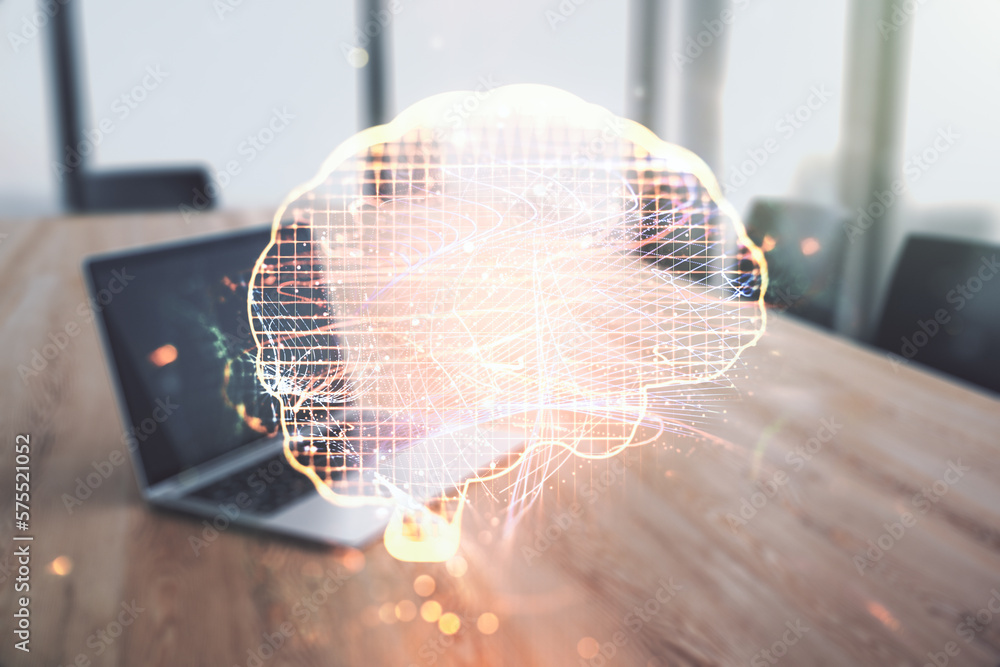 Poster double exposure of creative artificial intelligence symbol with modern laptop on background. neural 