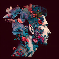 Illustration 3d drawing of a man in profile with hidden face. A pretty face. Many flowers in a man's hair. A beautiful illustration for springtime.