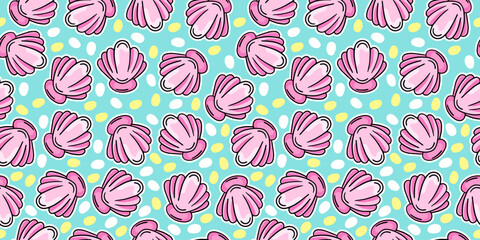 Cartoon marine pattern with shells, vacation, vector seamless pattern in the style of doodles, hand draw