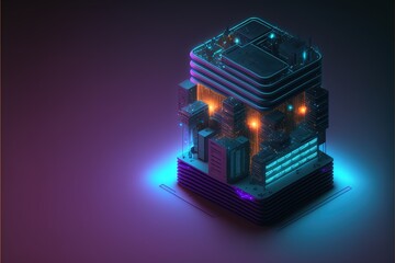 Isometric data center server hardware background futuristic look up. The concept of big data technology, cloud information base, and artificial intelligence. Illustration Generative AI