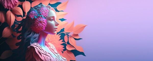 illustration of female face surrounded by leaves for women's day background card
