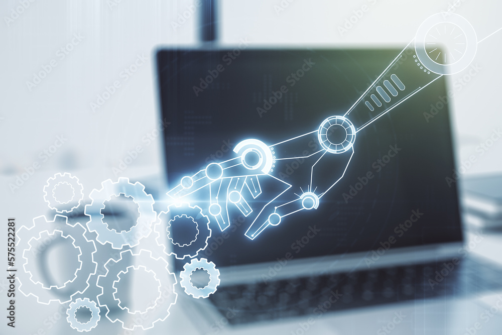 Poster creative abstract robotics technology sketch on modern laptop background, future technology and ai c