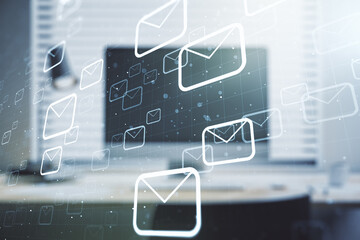 Creative concept of postal envelopes illustration on modern laptop background. Email and communications concept. Multiexposure