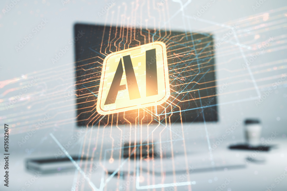 Poster double exposure of creative artificial intelligence icon with modern laptop on background. neural ne