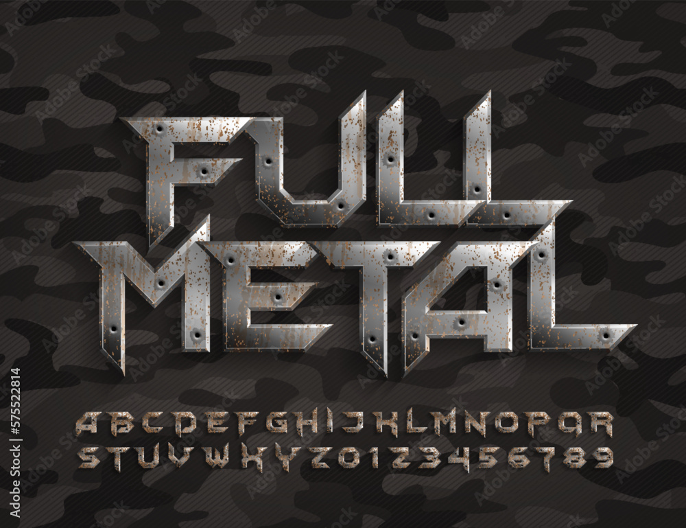 Fototapete full metal alphabet font. rusty metal letters and numbers with bullet marks. camo background. stock 