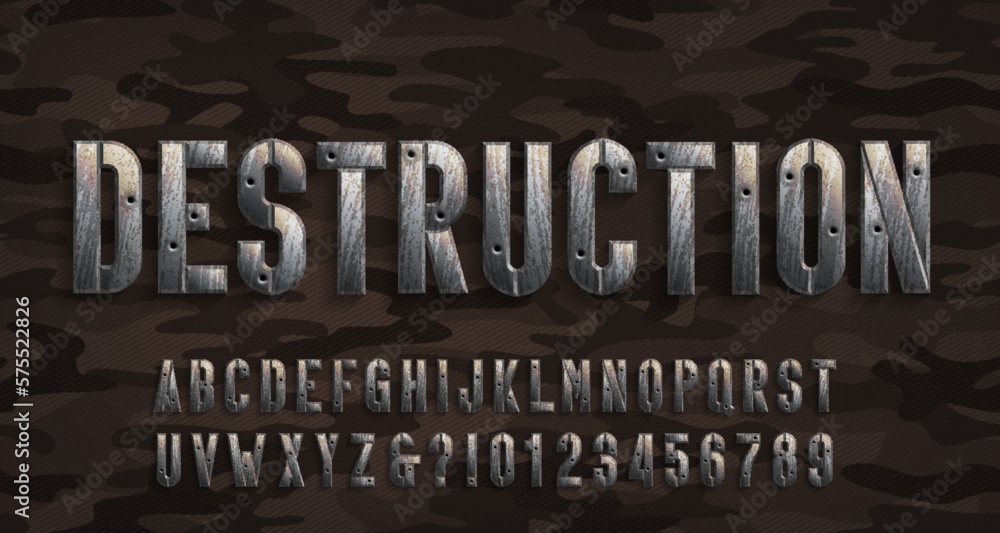 Fototapete destruction alphabet font. rusted metal letters and numbers with bullet marks. camo background. stoc