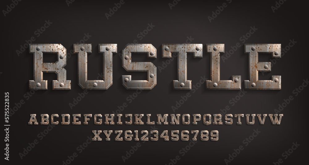 Fototapete rustle alphabet font. rust metal letters and numbers with rivets. stock vector typeface for your typ