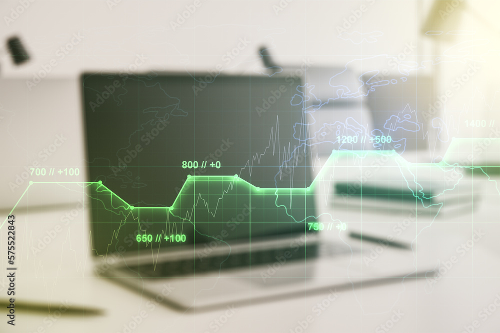 Poster multi exposure of stats data illustration on modern laptop background, computing and analytics conce