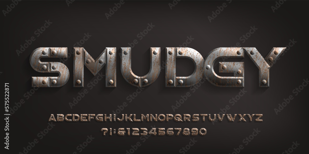 Fototapete smudgy alphabet font. rust metal letters and numbers with rivets. stock vector typeface for your typ