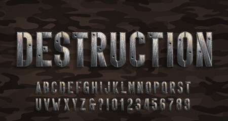 Destruction alphabet font. Rusted metal letters and numbers with bullet marks. Camo background. Stock vector typescript for your design.