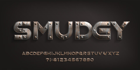 Smudgy alphabet font. Rust metal letters and numbers with rivets. Stock vector typeface for your typography design.