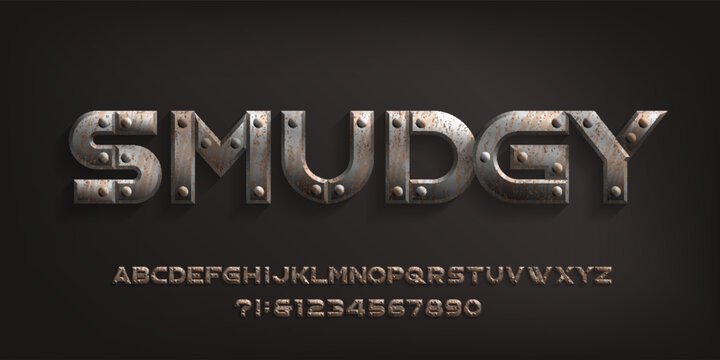 Smudgy alphabet font. Rust metal letters and numbers with rivets. Stock vector typeface for your typography design.