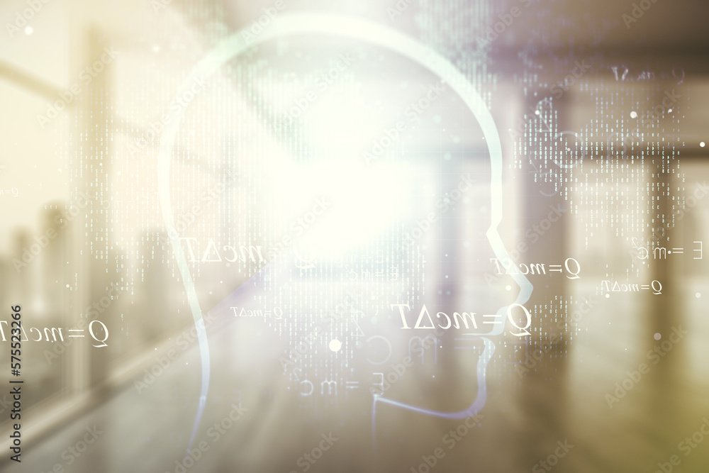 Aufkleber Abstract virtual artificial Intelligence concept with human head sketch on modern interior background. Double exposure