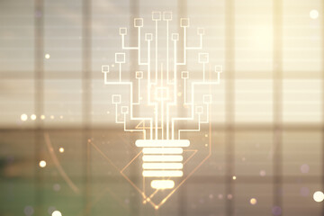 Obraz premium Virtual creative light bulb with chip hologram on empty classroom background, artificial Intelligence and neural networks concept. Multiexposure