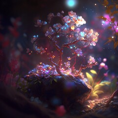 Cherry flowers in light effects, surreal, colorful, fantasy, spectacular lighting, generated in AI