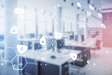 Abstract virtual medical sketch on a modern furnished office interior background. Medicine and healthcare concept. Multiexposure