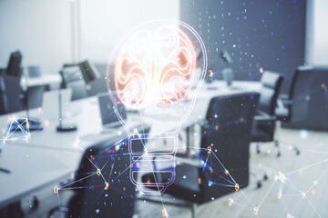 Obraz premium Abstract virtual creative light bulb with human brain hologram on a modern furnished office interior background, artificial Intelligence and neural networks concept. Multiexposure