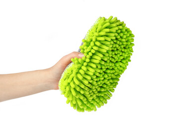 stylish sponge in hand on a white background for cars