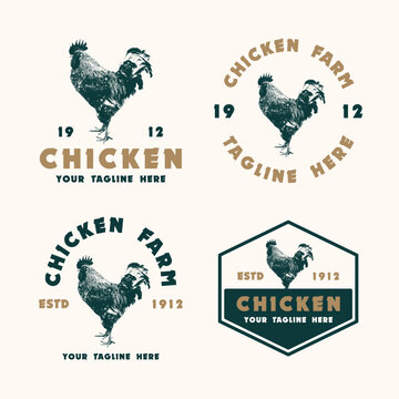 Collection of retro chicken logos with hand drawn illustrations