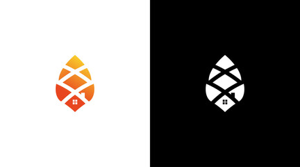 Pine cone logo and home vector monogram icon style Design template