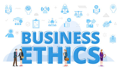 business ethics concept with big words and people surrounded by related icon with blue color style