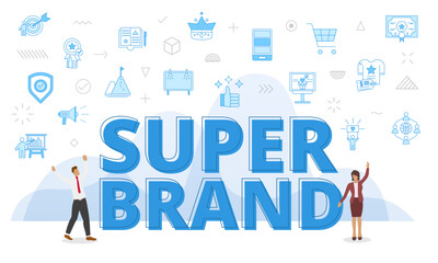 super brand concept with big words and people surrounded by related icon with blue color style