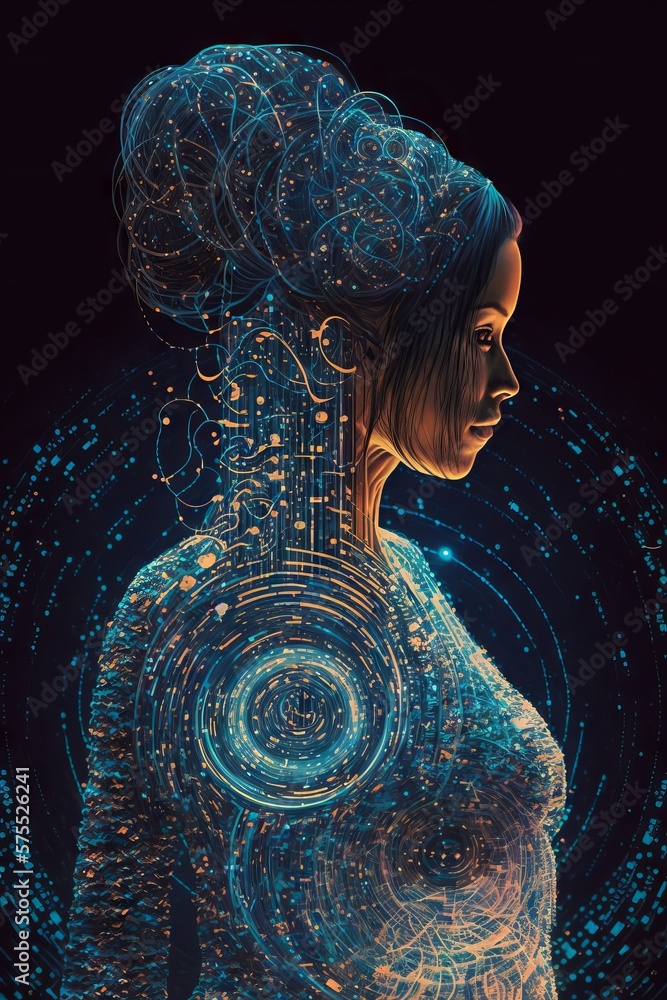 Aufkleber digital composite of generative ai woman with circuit brain against black background.