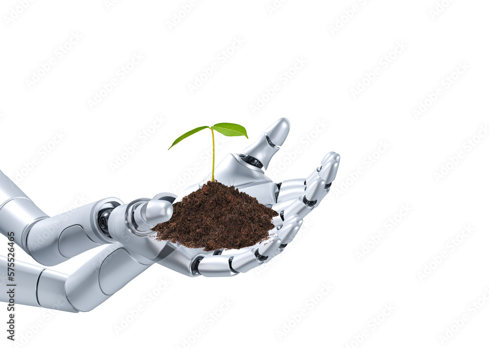 Poster robot hands holding sprout isolated on transparent background, concept of applying artificial intell