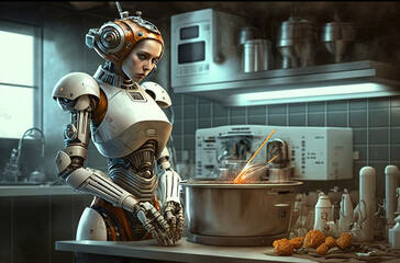 Woman robot cooks in kitchen, humanoid AI android stands at stove, generative AI - obrazy, fototapety, plakaty