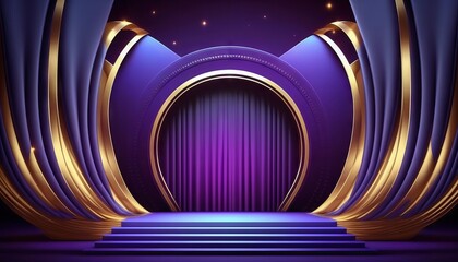 Blue purple Golden Curtain Stage Award Background. Trophy on Red Carpet Luxury Background. Generative ai