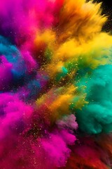 A centered explosion of colorful powder on a black background
