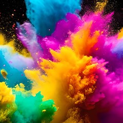 Plakat A centered explosion of colorful powder on a black background