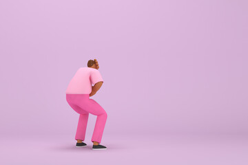 The black man with pink clothes.  He is sad or in pain. 3d rendering of cartoon character in acting.